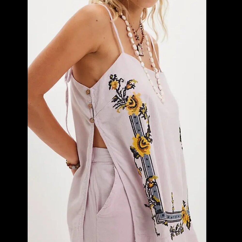 NWT Free People Sightseer Embroidered Linen Set in Lilac Combo - Picture 3 of 5